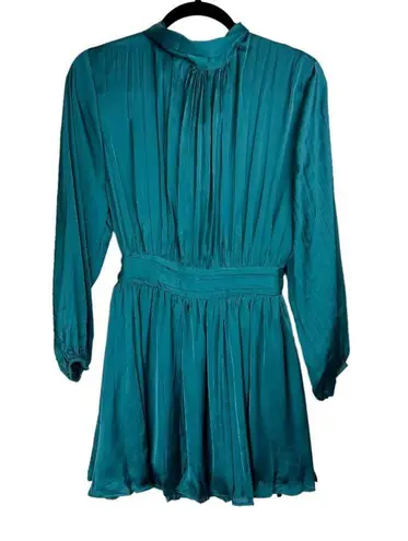 ZARA NWT  Satin Effect Mini Dress Sz Small Teal Blue Pleated Tie Back