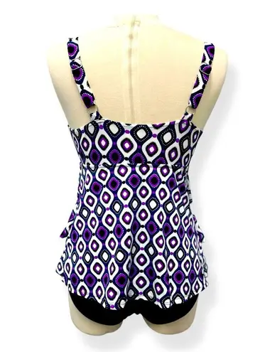 Swim Solutions Women’s One Piece Bathing Suit Purple Black Tiered Size 10 NWT