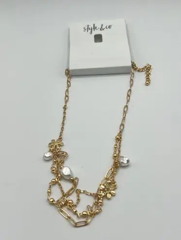 Style & Co  Flower Crystal & Imitation Pearl Necklace in Gold MSRP $30 NWT