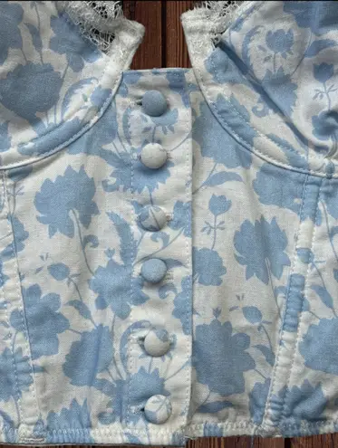 Wild Lovers Revolve Women’s 32B Lace & Blue Floral Corset • Linen Button Detail