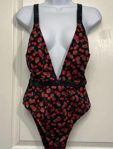 Victoria's Secret  Black Red Cherries Strawberries Monokini Low V-Neck Swimsuit