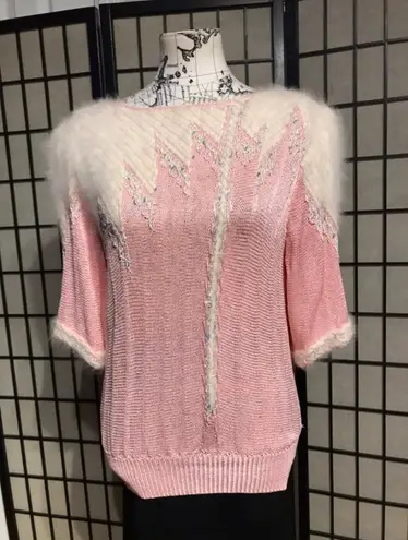 Vintage Crochet Macrame Angora chunky knit Breathable Pastel sweater shirt coquette coastal cottage Western Pink Size M