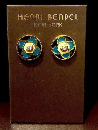 Henri Bendel Earrings Turquoise Black and Gold Floral Studs NEW ON CARD