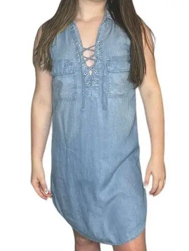 SO  Brand DENIM DRESS Womens XS Sleeveless Criss Cross Tie Front Pockets Collar