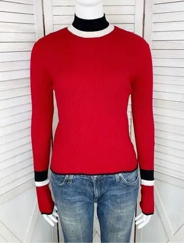 ZARA  Mock Neck Ribbed Knit Pullover Shirt Red Black Small Long Sleeve