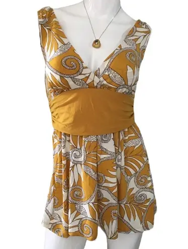 Come Como ❁ Printed Plunging V Neck Tunic Cami Tank ❁ Goldenrod + Ivory ❁ Large