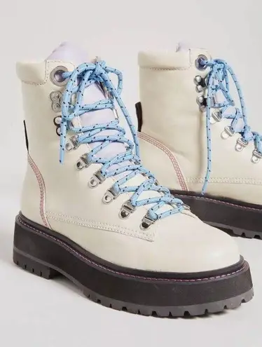 Larroude Jordan Low Combat Boots Kidskin Leather Ivory Violet Size 5.5 or 6 NIB White