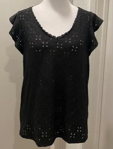 SheIn Black Eyelet V-Neck Blouse With Ruffle Short Sleeves & Lace Back Closure