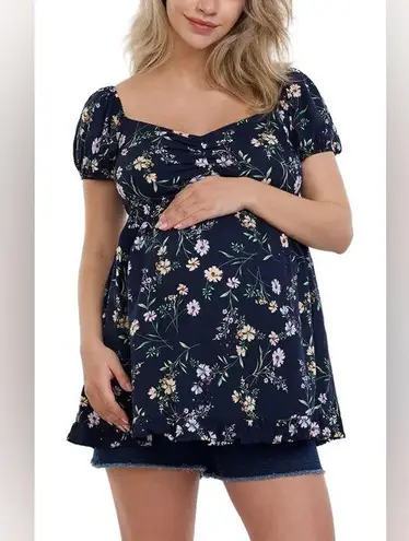 Motherhood Maternity Puff Sleeve Babydoll Top Floral Navy XL