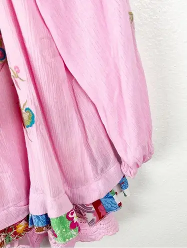 CALESSA Pink Embroidered Lace Hem Front Tassel Tie Long Sleeve Tunic Top Medium