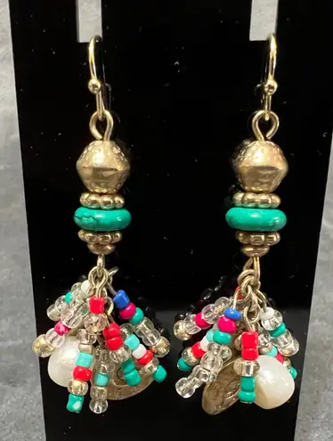 Boho Beaded Dangle Earrings Hammered Metal Beads Turquoise Red Y2K Bohemian Green