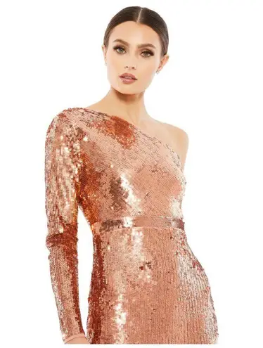 Mac Duggal Sequin One-Shoulder Long Sleeve Column Gown in Copper Size US 2