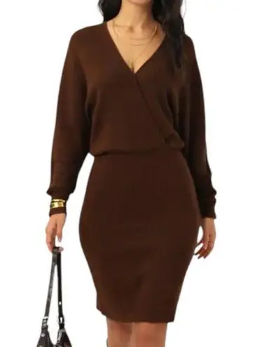 NWT OGL Chestnut Brown Ribbed Surplice Batwing Long Sleeve Knit Dress Size Large