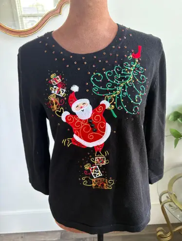 Jack B Quick Vintage Christmas Sweater Santa Presents Embroidered Size PS Black
