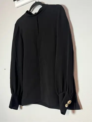 Lafayette 148 Black Mockneck Silk Blouse Top Medium Keyhole Gold Cuff Button