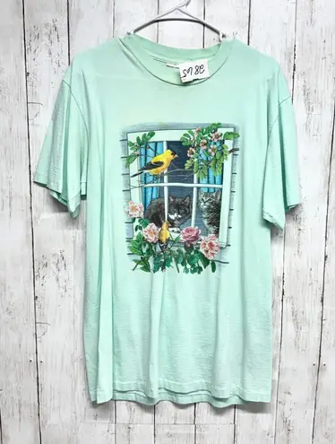 Vintage Blouse Women Chest 39" Medium Graphic Crewneck Short Sleeve Tee Shirt Green