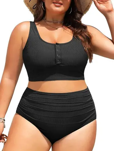 Plus Size 2 Piece Swimsuit Women's 24 PLUS Black High Waisted Bikini Ribbed NEW! - Image 1