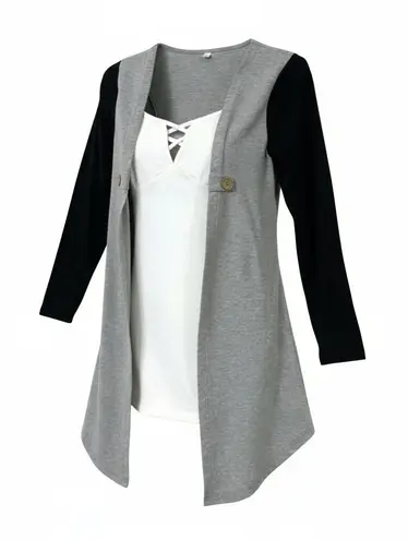 Relaxed Streetwear Mock Cardigan Top M – Preppy Casual Monochrome Contrast Size M