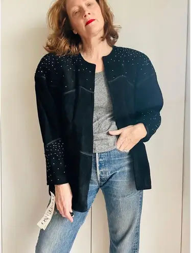Vintage Suede Jacket/Coat Black Rhinestones Deadstock Y2K/90s Era Rocker Chic