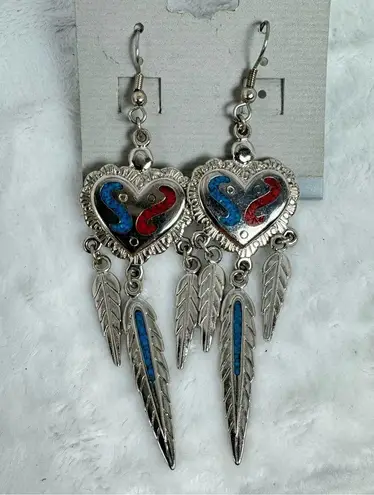 Native American Southwestern Silver Turquoise Inlay Heart & Feather Earrings