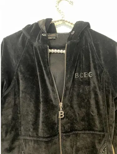 BCBGMAXAZRIA Y2K  Velour Black Bedazzled Tracksuit Hooded Jacket with Rhinestones