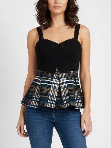 Deletta Anthropologie Nathalie Peplum Top Black Pleated Stripes Plaid Size L
