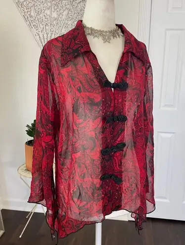 Red Black Whimsygoth Split Sleeve Asymmetric Semi Sheer Mesh Blouse L Size L