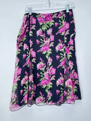 Max Mara Vintage 90s Silk Tulip Pink and Black Floral Flowy Midi Skirt Size 8