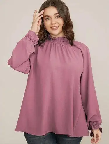 Bloomchic  Plain Lantern Sleeve Ruffle Trim Mock Neck Mauve Blouse 22 24 3X NWT