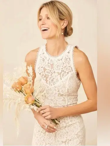 NWOT Lulus “Love Everlasting” White and Nude Floral Lace Mermaid Maxi Dress M Size M