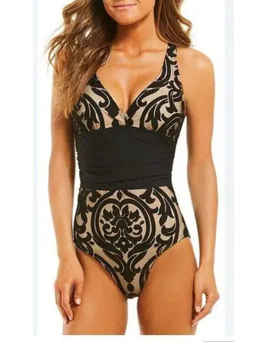 Alex Marie Mysterious Burnout One Piece Swim Suit Beige Black Paisley Women’s 16
