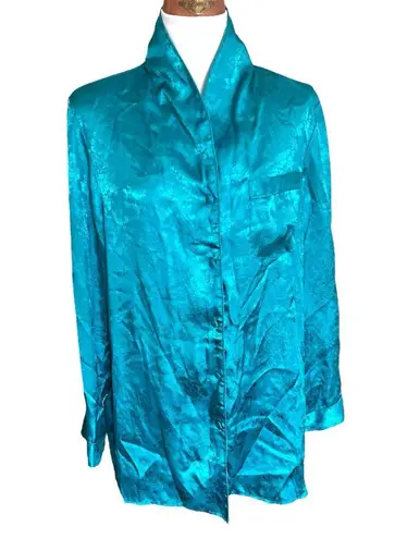 Delicates Shimmering Teal Button Down Shirt no bottoms embroidered Satin Size L
