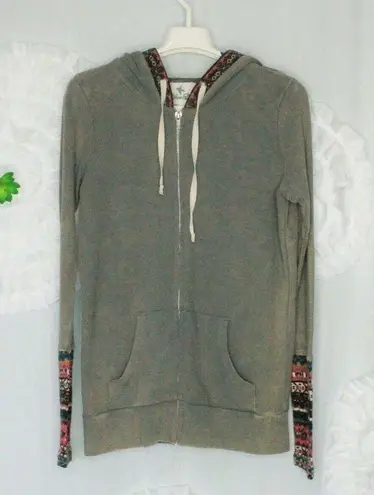 Others Follow Green Gray Hoodie Zip Waffle knit Thermal Fair Isle Trim Size XS