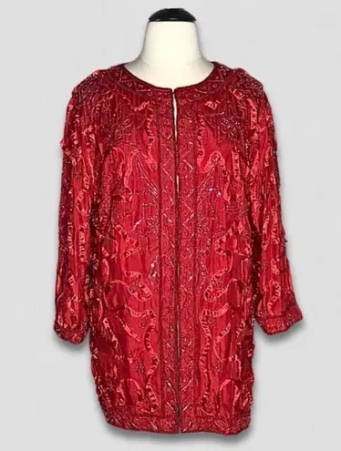 Roaman's Vintage Red Silk Beaded Sequin Rhinestone Blazer Coat 2X