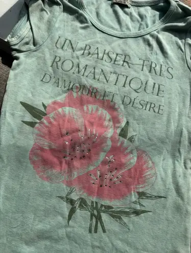 One World Romantic French Floral Graphic Tee Puff Sleeve Rhinestone Sz S Y2K