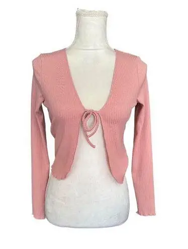 Elodie Pink Ribbed Long Sleeve Tie-Front Crop Cardigan Sweater Top Size S NWT