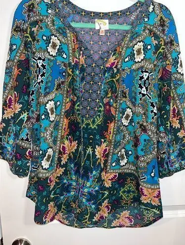 Fig & Flower / Figueroa & Flower Turquoise Boho Aztec Detailed Blouse Size Med