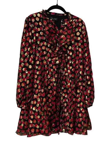 Saloni Red Gold Silk Tilly Floral Print Polka Dot Mini Dress Size 4