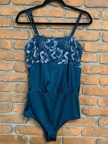 Auden Women's Sheer Floral Lace Square Neck Tank Lingerie Bodysuit Green