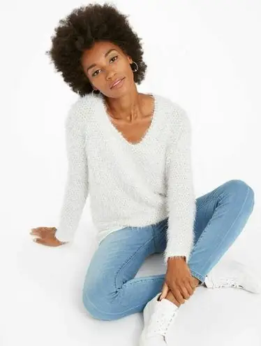 Nic+Zoe Womens Neutral Mix The Right Fluff V Neck Pullover Sweater