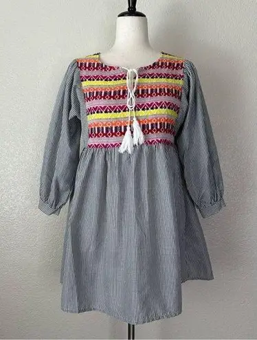 Velzera Boho Embroidered Striped Tassel Dress/Tunic Top