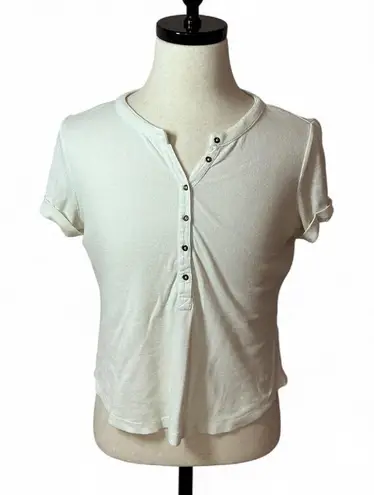 Pilcro White Ribbed Henley Top Button Up Short Sleeve Casual T-Shirt