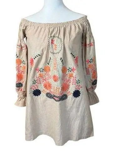 The Impeccable Pig Dress Womens S Beige Embroidered Flower Off the Shoulder Boho