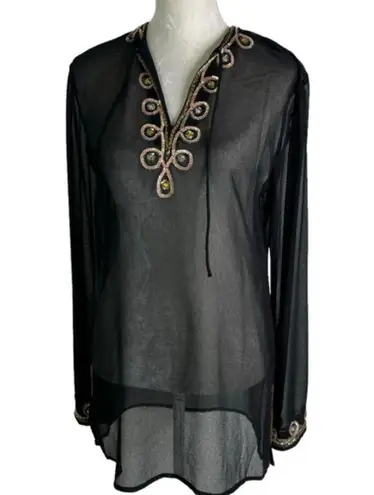 Forecast Sheer Beaded Sequin Swim Cover Up Top Tunic Black Size S NWT