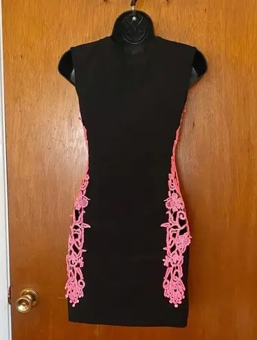 Symphony Black Dress Pink Open Cutout Stitch Sides Bodycon Mini Dress Size Small