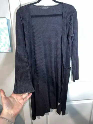 Black Ribbed Stretchy Long Sleeved Cardigan Duster Length Size Large