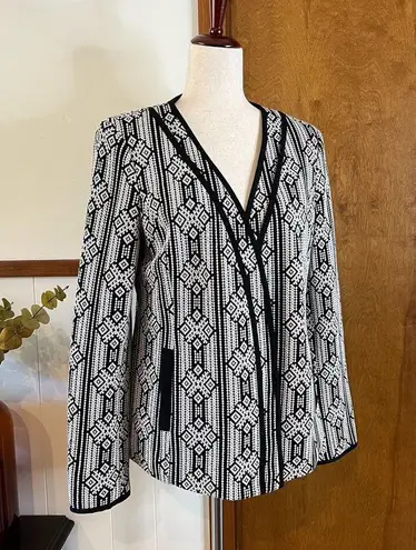 Nine West  Geometric Blazer Cardigan Jacket Black White Open Front Pockets Sz 6