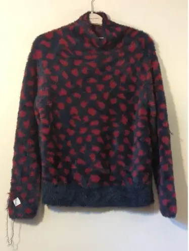 RTR Thakoon Navy Red Printed Fuzzy Mock Neck Pullover Sweater Size M soft Blue Size M