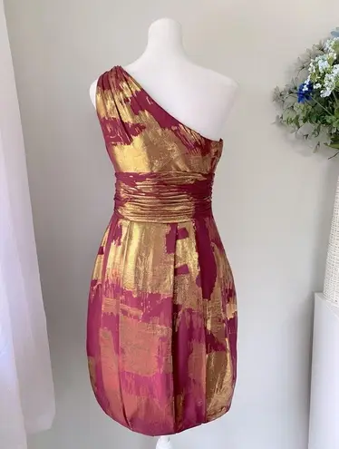 Aidan Mattox Burgundy & Gold One Shoulder Silk Mini Dress