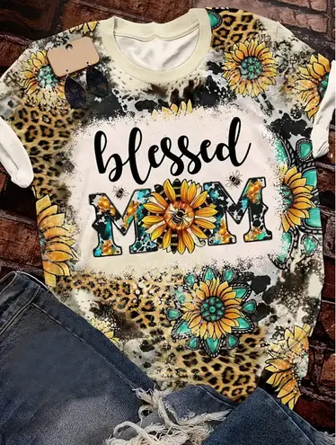 Unbranded NEW! Trendy Boho Western Blessed Mom Leopard Short Sleeve T Shirt